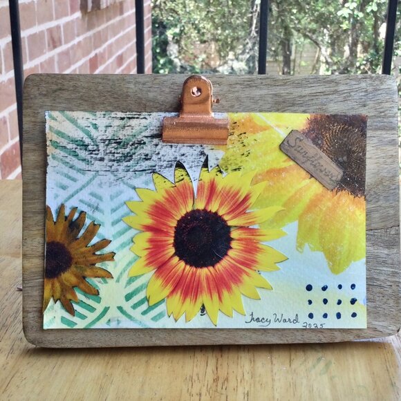 Handmade Sunflower Mixed Media Art & Wood Frame | Original 4x6 Artwork Signed - Picture 2 of 5